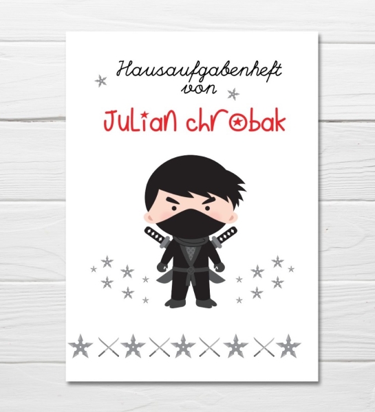 zuckersüßes Schulheft Ninja Umschlag Hausaufgabenheft in seperater hochwertiger Hülle  Einschulung Schulkind von Lüttentüddel®